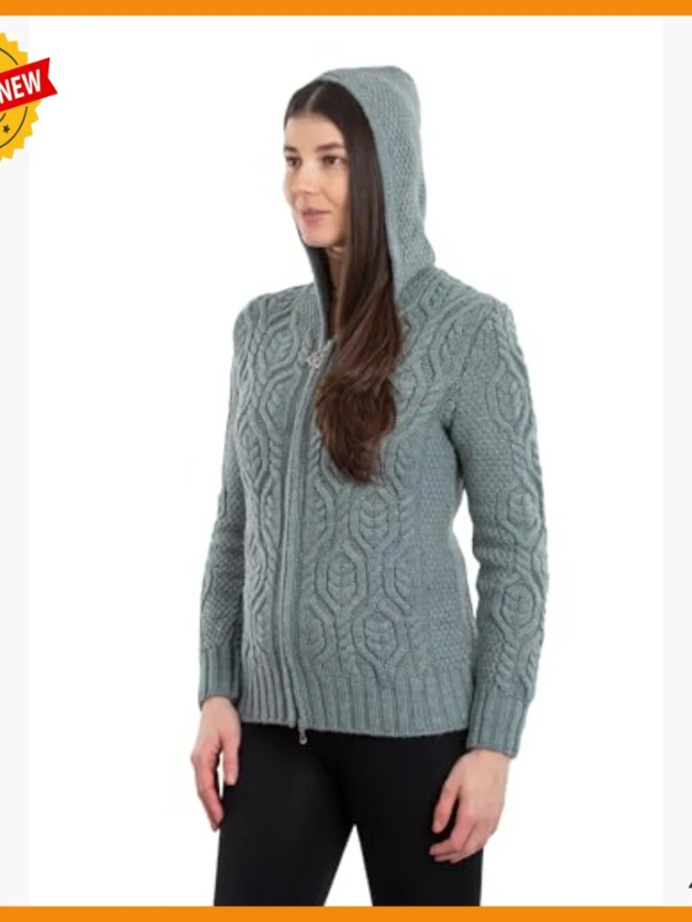 Merino Wool Hooded Zip Cardigan - Aran Stitch - Warm Layering Sweater - Picture 3 of 7